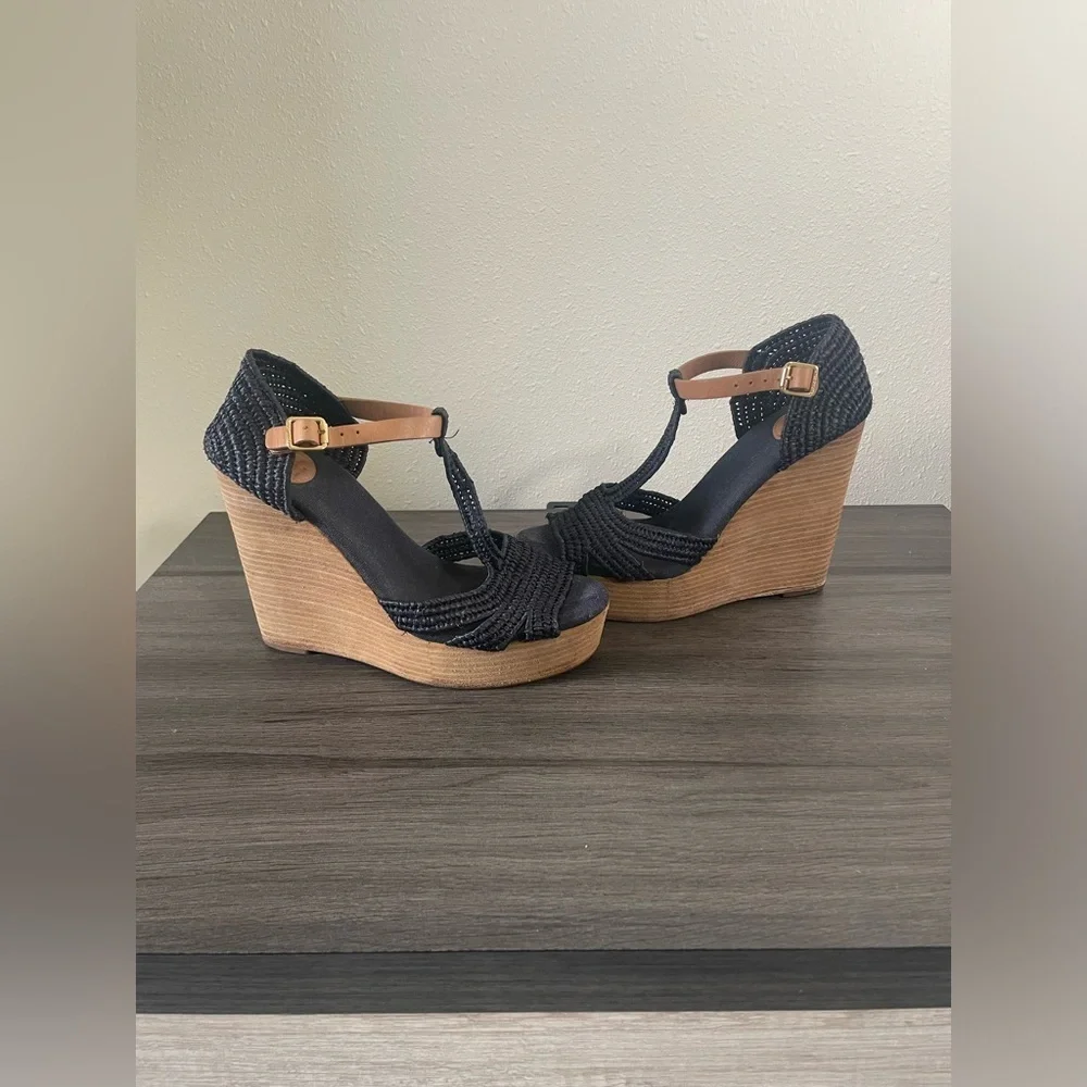 🪸 Tory Burch Carina Women's 7 1/2 Shoes Blue Brown Straw Wedge Platform …